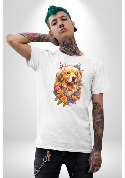 Golden Çiçekli Baby Face Unisex Unisex Beyaz Organik Baskılı T-shirt Penye Yüksek Kalite Beyaz