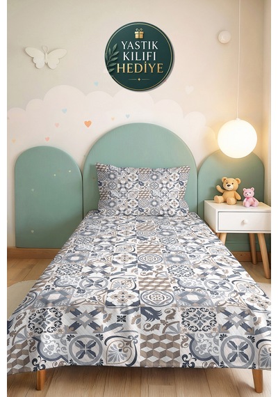 Geometrik Çini Gri Genç Odası Tek Kişilik Pike Takımı - Bej Modern 160x220 Cm Kapitone Yatak Örtüsü Mahmur Koru Dokunuşu