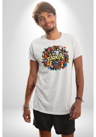 Turkiye Özel Karakterleri Unisex Unisex Beyaz Organik Baskılı T-shirt Penye Yüksek Kalite Beyaz