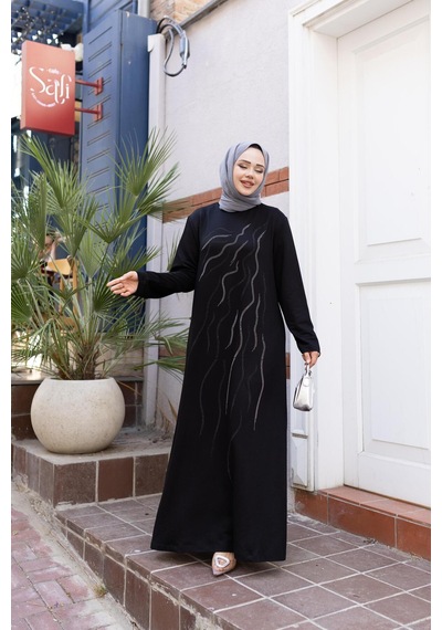 Hb Harma Time Butik Kadın Taş İşlemeli Rahat Kalıp Siyah Elbise Siyah Siyah