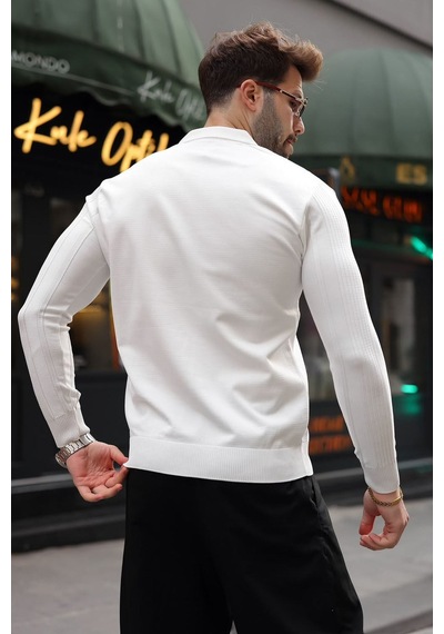 Madmext Beyaz Polo Yaka Slim Fit Erkek Triko Kazak E7527