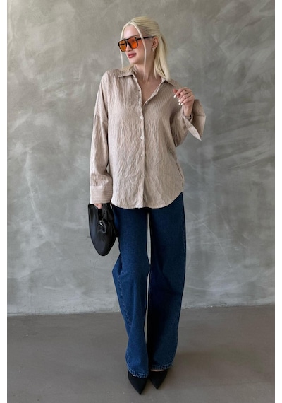 Madmext Bej Çizgili Oversize Kadın Gömlek Mg2327 Bej