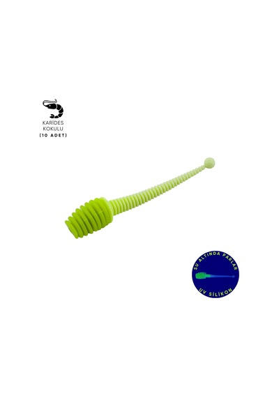 Silikon Kurt Yem - 2,1g 70mm - Fishack Wormix - 10 Adet - Uv - Yeşil/beyaz