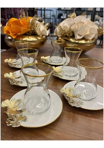 Çnr Home Collection 6' Lı Porselen Tabakli Paşabahçe Bardakli Kelebek Detayli Çay Seti Gold