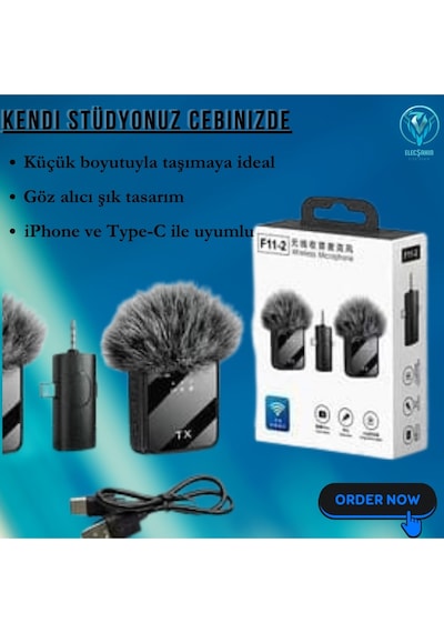 F11-2 Mikrofon. 2 Küçük Mikrofonun 3'ü 1 Arada, iPhone Uyumlu, Android Telefonlar Ve Kamera 6,35mm Fişi Var