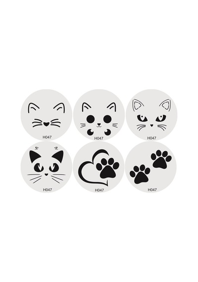 Kk Swords Stencil Tasarım H047, 6x6cm 6 Lı Kedi Stencil Set:27, Ahşap, Duvar, Yüz Boyama Şablonu