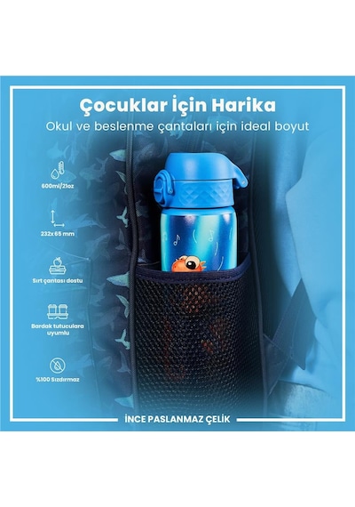 Ion8 - Paslanmaz Çelik İnce Suluk - Şarkıcı Dinozor - 600 Ml - Sızdırmaz Çok Renkli