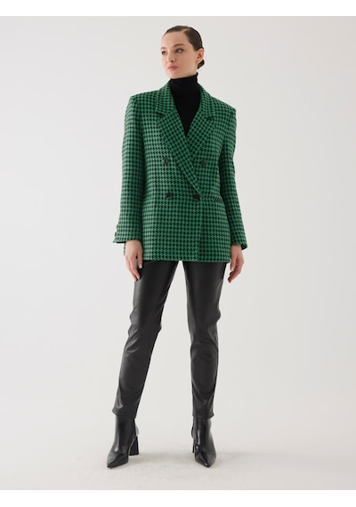 Juste Kazayağı Desen Kruvaze Yeşil Oversize Blazer Ceket Çok Renkli 34