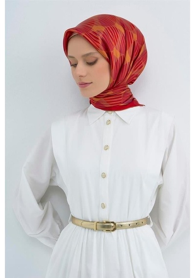 Armine Sura Saf İpek Eşarp 9533 - 53 Kırmızı Pembe Çizgi Desen Kırmızı
