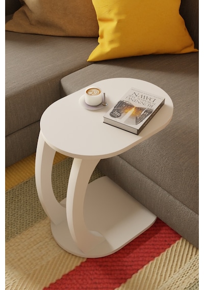 Oval Beyaz C Sehpa Modern,hareketli Tekerlekli Yan Sehpa Salon, Ofis, Yatak Odası Beyaz