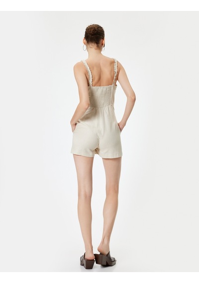Koton Mini Şort Salopet Tulum Bağcık Detaylı V Yaka Kolsuz Slim Fit Bej 4sal40169ıw Ekru