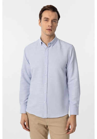 Süvari Buz Mavi Slim Fit Armürlü Düğmeli Yaka Gömlek