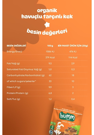 Hummorganic Organik Glutensiz Vegan Havuçlu ve Tarçınlı Kek Atıştırmalık Paketi - 3 adet