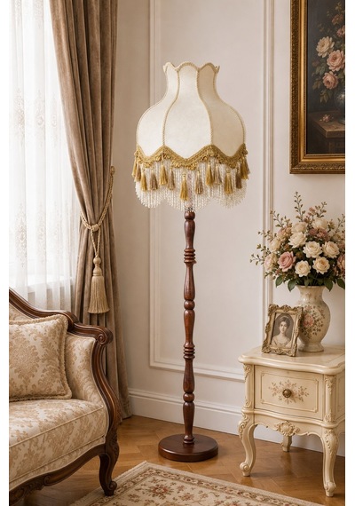 Beyaz Kadife Gold Detaylı Başlık Kahverengi Ahşap Ayaklı Lambader Vintage Model 170x45cm