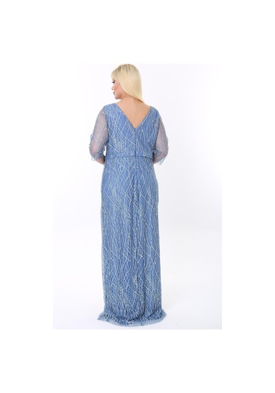 Ladies First Büyük Beden 3767 İndigo Uzun Abiye Elbise 001