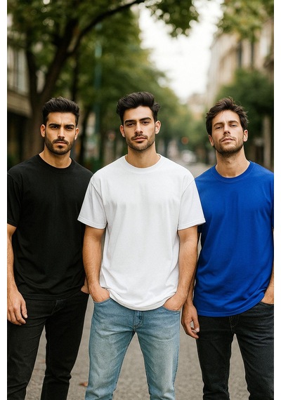Rich Erkek 3'lü Paket Siyah-kırmızı-mavi Pamuklu Oversize Tişört Bisiklet Yaka Kısa Kollu T-shirt Mavi