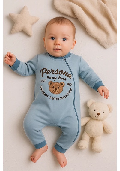Veraura Lifestyle Persona Bear Nakışlı % 100 Pamuk Erkek Bebek Tulum Mavi