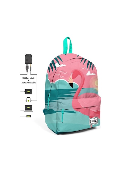 Coral High Yeşil Pembe Flamingo Desenli Sırt Çantası Okul ve Günlük - USB+AUX Soketli