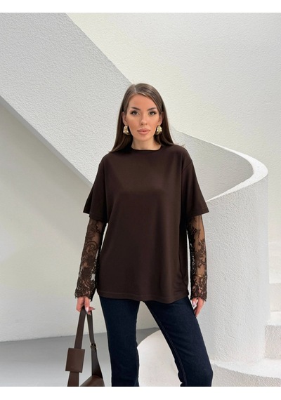 Modalima Kahverengi Güpür Kollu Bluz Çok Renkli