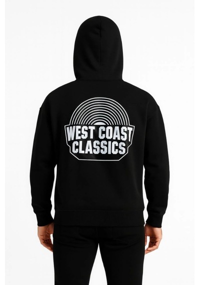 Suma Erkek Üç İplik Kapüşonlu Ön Ve Arka Baskılı Sweatshirt Hoodie - Siyah