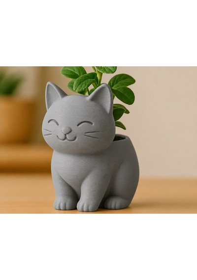3d Baskı Sevimli Kedi Saksı - Figürlü Sukulent Saksısı-gri Çok Renkli