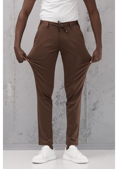 Beli Lastikli Ve İplikli Rayon Kumaş Regular Fit Likralı Jogger Pantolon Kahverengi