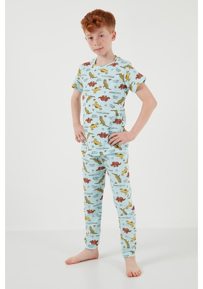 Lela Desenli % 100 Pamuk Bisiklet Yaka Erkek Çocuk Pijama Takımı 6651001 Mint