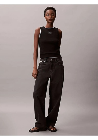 Calvin Klein A - Woven Label 2x2 Cotton Rıb T Siyah Kadın Tişört