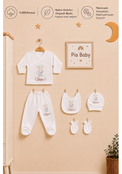 Pia Baby Kişiye Özel %100 Pamuk Kız Bebek Zıbın Seti 5 Parça Patikli Pantolon Şapka Önlük Eldiven 2043z0x Krem