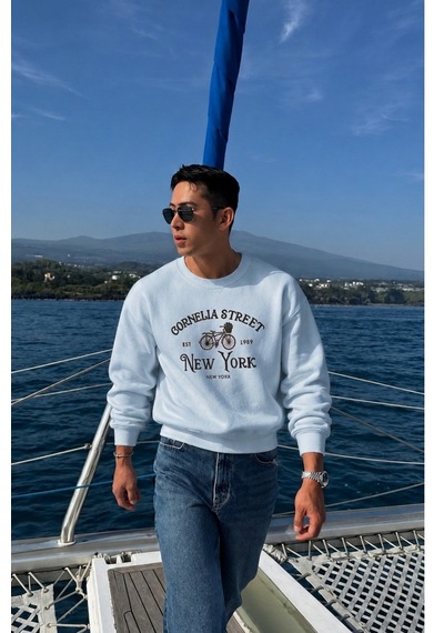 Tarz Cool Erkek Organik Pamuklu Yumuşacık Baskı Detaylı Bisiklet Yaka İçi Polarlı Sweatshirt Mavi