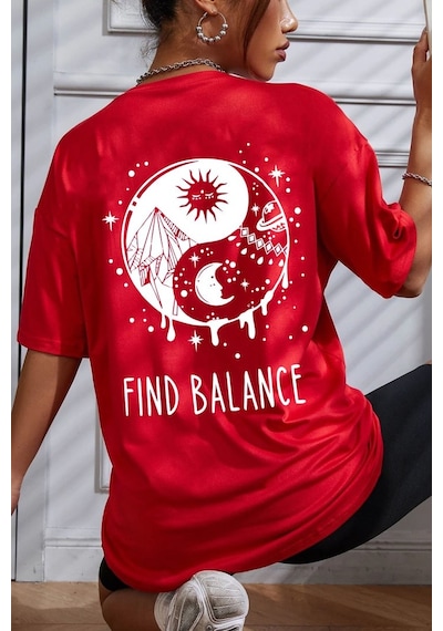 Unisex Yin & Yang Baskılı T-shirt Kırmızı