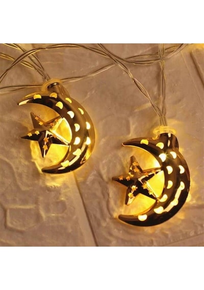 Dekoratif Gold Renk Delikli Ay Yıldız 10 Lu Dekoratif Led Lamba 2 Mt Gold