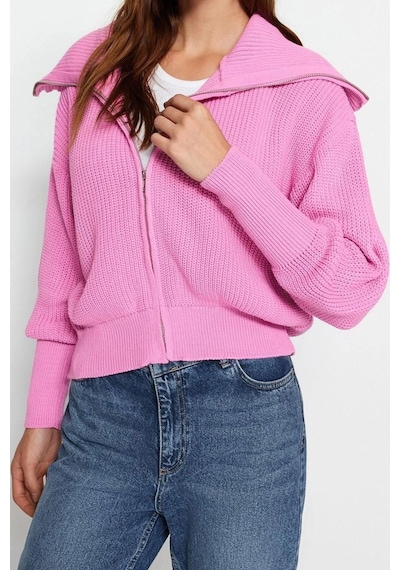 Ersefa Kadın Modern Tarz Oversize Devrik Yaka Regular Triko Hırka Pembe