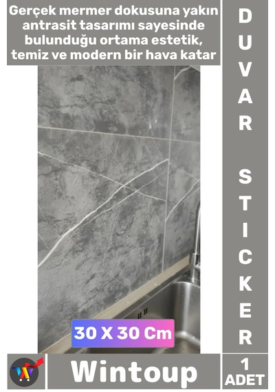 Sticker Kendinden Yapışkanlı Su Geçirmez Banyo Mutfak 30x30 Antrasit Mermer Desenli Duvar Stickerı