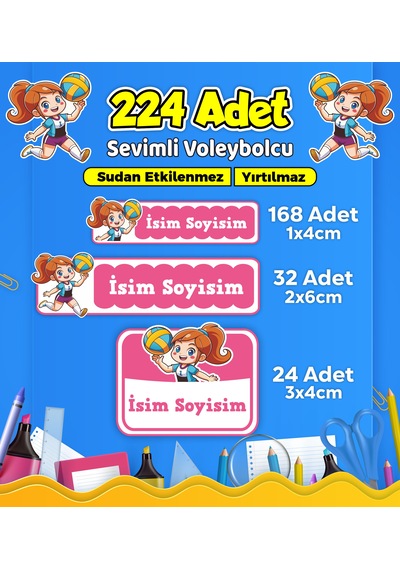 Voleybol Temalı Okul Kreş Kişiye Özel İsim Etiket Seti - Model 543 Çok Renkli