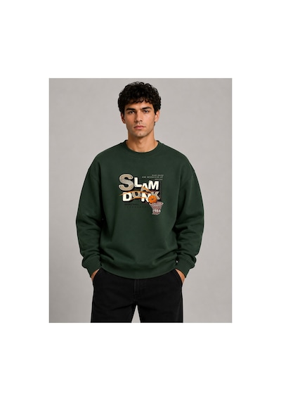 Herkesemoda Slam Dunk Baskı Detaylı Bisiklet Yaka Şardonlu 2 İplik Sweatshirt Yeşil