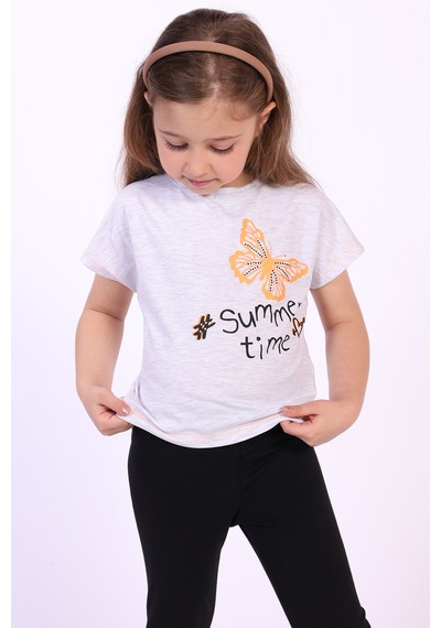 Toontoy Kids Toontoy Kız Çocuk Summer Time Baskılı Tişört Gri Melanj