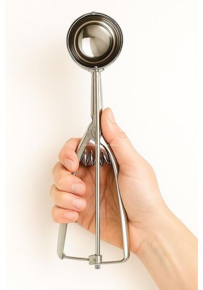 Dondurma Kaşığı Paslanmaz Çelik Tetik Mekanizmalı Bulaşık Makinesinde Yıkanabilir Ergonomik Tutma Saplı Donmuş Tatlı Servis Aleti 5 Cm Çaplı Yuvarlak Kepçe