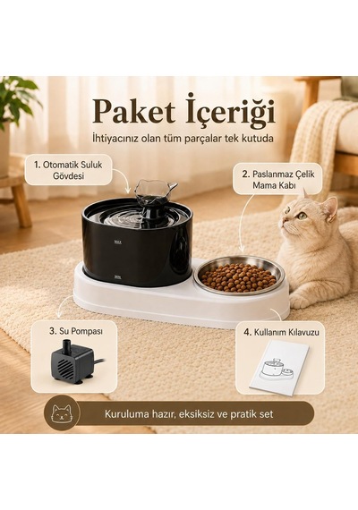 Tr Otomatik Evcil Hayvan Su Pınarı Ve Mama Kabı, Filtreli Su Sirkülasyonlu Kedi Köpek Suluğu, Paslanmaz Çelik Mam