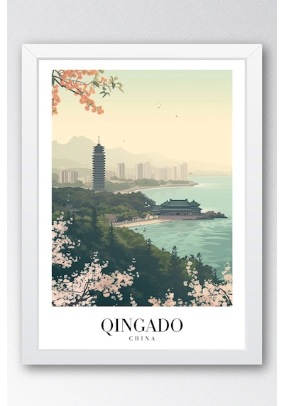 Qingdao China Vintage Seyahat Posteri Çerçeveli Tablo - Premium Uzak Doğu Elit Duvar Dekoru Beyaz
