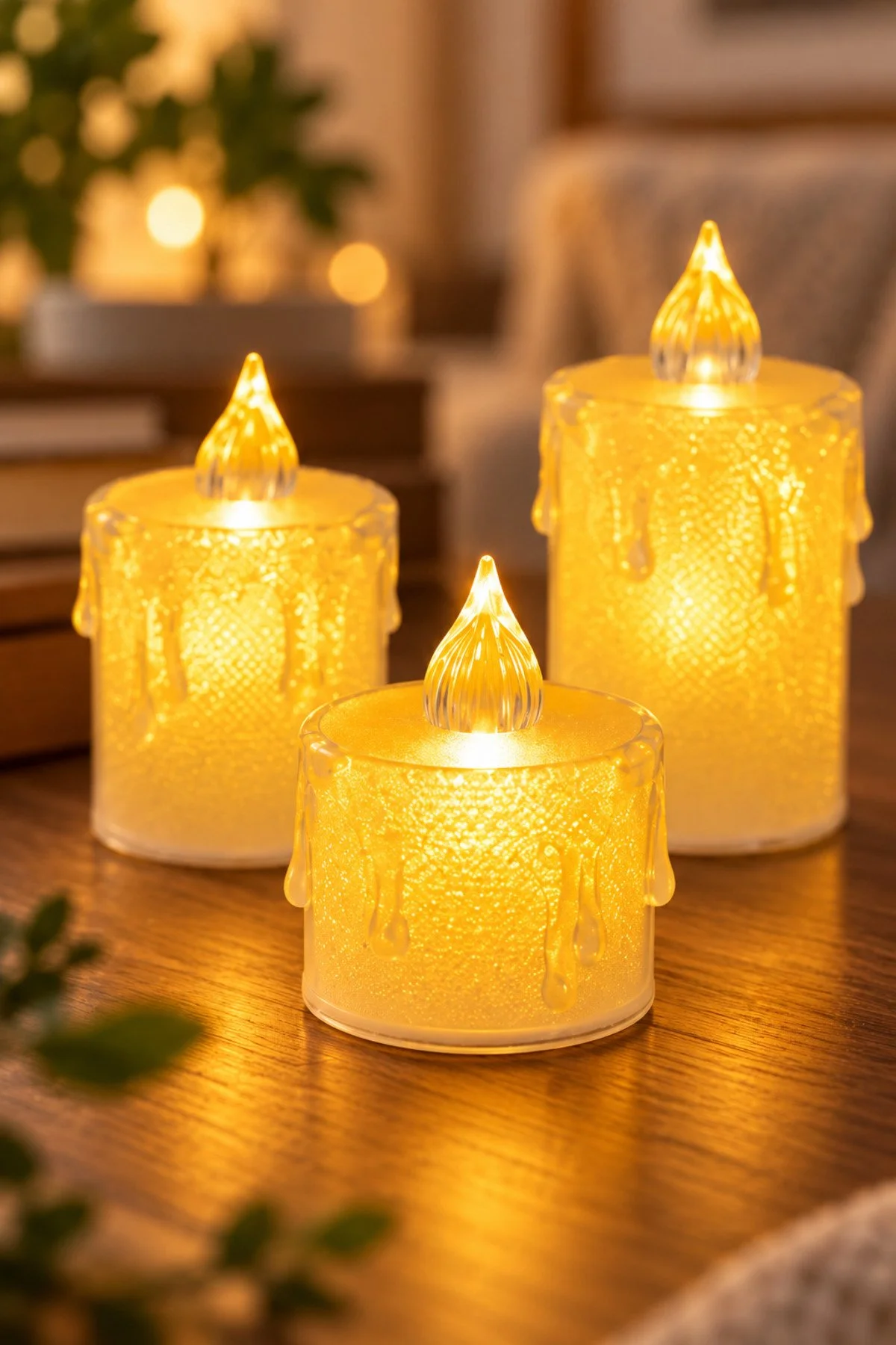 Erkugo 3 Lü Mini Led Mum Seti 5-7-8 Cm Pilli Şeffaf Sıcak Sarı Işıklı Dekoratif Mum