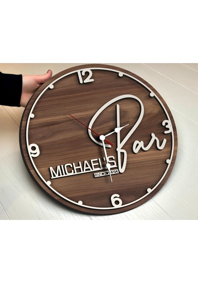 Bk Gift Barlara Özel Dekoratif Ceviz Ahşap Duvar Saati 35cm-1 , Bar Duvar Saati , Cafe Duvar Saati , Özel Ahşap Saat