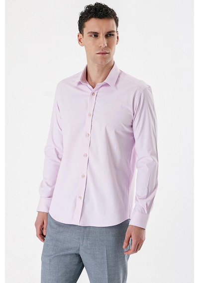 İmza Pembe Uzun Kollu Armürlü Cepsiz Pamuklu Likralı Slim Fit Dar Kesim Gömlek 1004240193-pembe Pembe