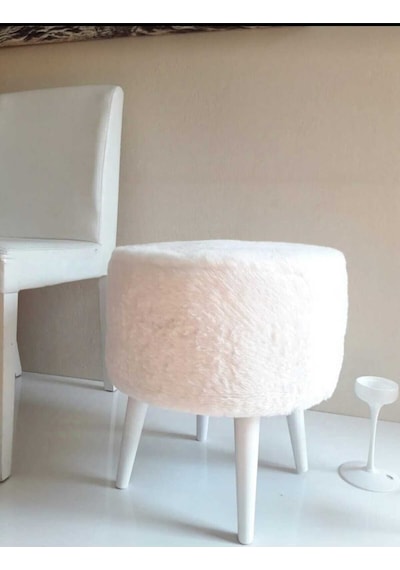 Coco Puf, Peluş,4 Ayak, Beyaz,beyaz Ayak,oturma Odası, Makyaj Masası Pufu Beyaz Beyaz Ayak