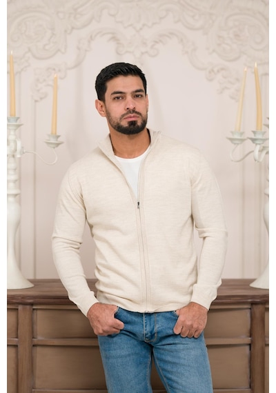 Woolen World Regular Fit Dik Yaka İnce Baharlık Triko Hırka Krem