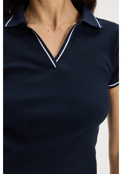 Tudors Kadın Slim Fit Dar Kesim Pamuklu Polo Yaka Kısa Kollu Lacivert Tişört-50463