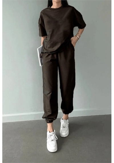 Hırsch Kadın Oversize Düz Kahverengi Eşofman T-shirt Takım Kahverengi