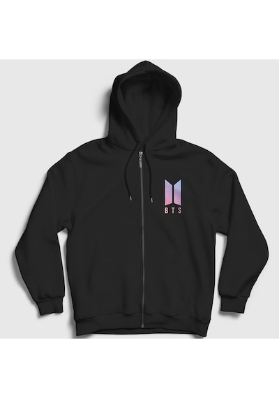 Presmono Unisex Purple Bts Fermuarlı Kapüşonlu Sweatshirt Siyah