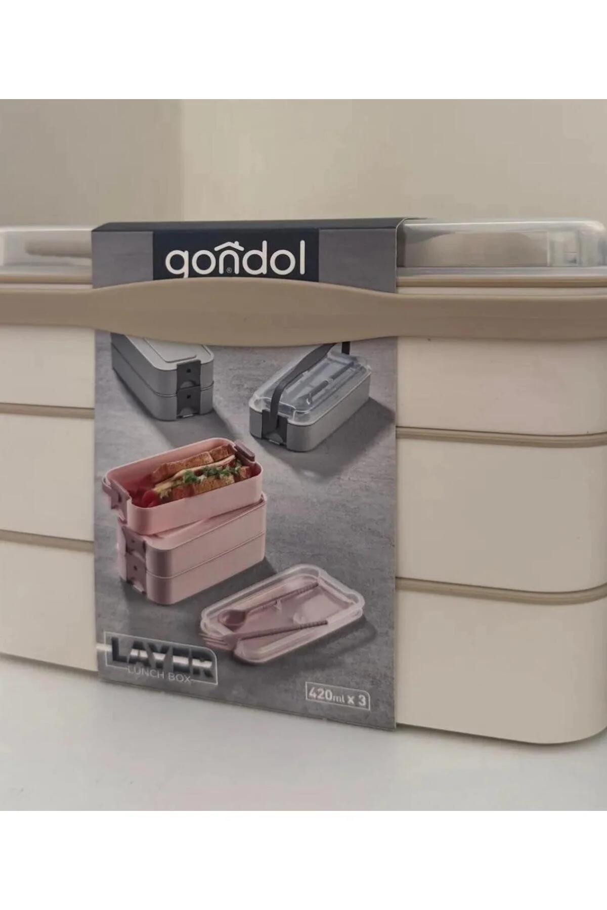 Gondol Layer Lunch Box Kilitli Kat Kat Beslenme Kutusu Çatal Kaşıklı Krem