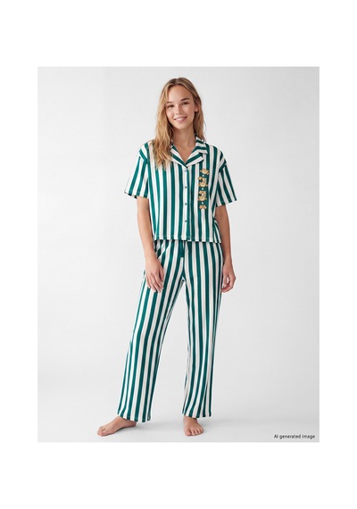 Lcw Young Ekru Gömlek Yaka Çizgili Kadın Pijama Takımı